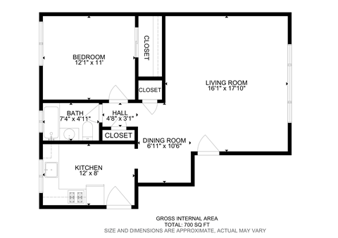 Floor plan for 1 bed, 1 bath, 700 sqft